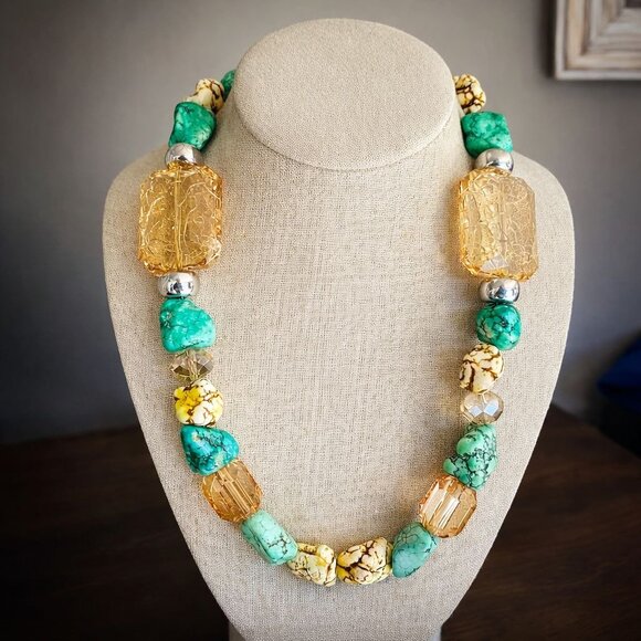 Chunky Boho Statement Necklace Turquoise-Look Howlite & Crackle Beads | 21” - Picture 6 of 6